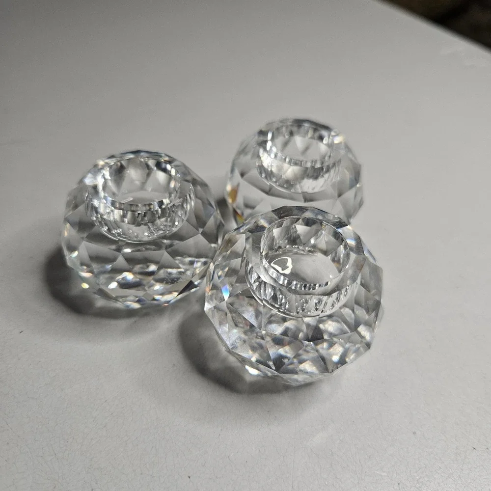 Vtg Swarovski Crystal Faceted Globe Candle Holder Set of 3 Clear Glass Decor